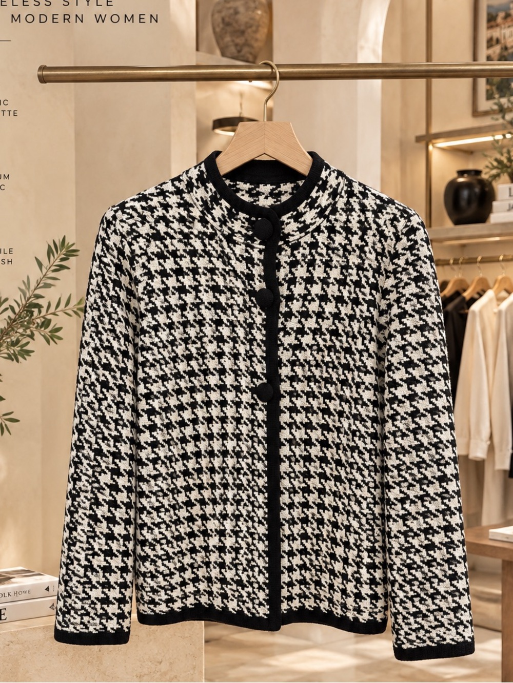Elena Solano Houndstooth Knit Jacket Black & White Size S